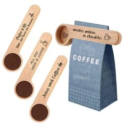 4 Pieces Wooden Coffee Scoop And Bag Clip- Coffee Is Life - 1 Tablespoon Solid Beech Wood Measuring Scoop- Suitable For Coffee Beans And Loose Tea, Coffee Lovers Gifts. Friend Gift.