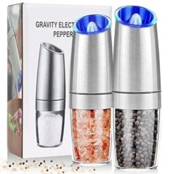 Electric Salt And Pepper Grinder, Automatic Pepper Mill, Gravity Salt Grinder, Battery-Operated With Adjustable Coarseness, LED Light, One Hand Operated (Silver 2Pack)