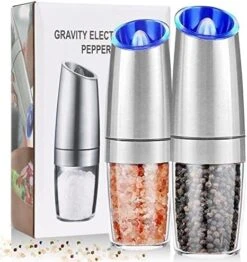 Electric Salt And Pepper Grinder, Automatic Pepper Mill, Gravity Salt Grinder, Battery-Operated With Adjustable Coarseness, LED Light, One Hand Operated (Silver 2Pack) -KitchenAid Shop 51wgubkADYL. AC