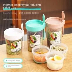 MBETA Double Plastic Salad Cup With Spoon Lid Breakfast Salad Cup With Fork Sealed Students Out And About Portable Light Food