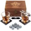 Hiskey Glass Set Of 2 - Bourbon Whiskey Stones Gift Set For Men - Includes Crystal Whisky Rocks Glasses, Chilling Stones, Slate Coasters - Scotch Glasses In Wooden Box - Wisky Burbon Retirement Gifts
