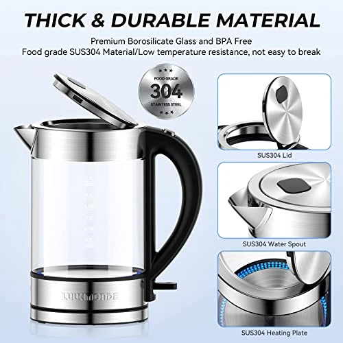 Electric Kettle 1500W,1.7L Borosilicate Glass Tea Kettle With LED Light, Water Kettle Electric Fast Boiling, Auto Shut-Off And Boil-Dry Protection, BPA Free 4 Electric Kettle 1500W,1.7L Borosilicate Glass Tea Kettle With LED Light, Water Kettle Electric Fast Boiling, Auto Shut-Off And Boil-Dry Protection, BPA Free - Image 2