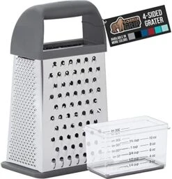 Stainless Steel Box Grater, 4-Sided XL Cheese And Spice Graters With Handle, Slice, Shred, Grate Vegetables, Ginger, Potatoes, Handheld Food Shredder, Zester, Includes Container, Black -KitchenAid Shop 51y3zPFdGL. AC