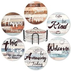 Coasters For Drinks Absorbent Set Of 6, Farmhouse Style Coaster For Coffee Table With Holder And Cork Base, Suitable For Home Decor Bar Housewarming