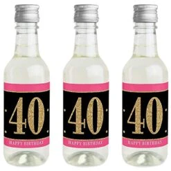 Chic 40th Birthday - Pink, Black And Gold - Mini Wine And Champagne Bottle Label Stickers - Birthday Party Favor Gift For Women And Men - Set Of 16