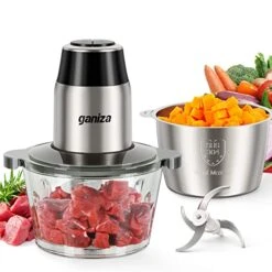ANIZA Food Processors, Electric Food Chopper With Meat Grinder & Vegetable Chopper - 2 Bowls (8 Cup+8 Cup) With Powerful 450W Copper Motor - Includes 2 Sets Of Bi-Level Blades For Baby Food/Meat/Nuts
