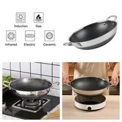 12.5” Wok Pan With Dual Honeycomb Wok Stainless Steel Wok Pan With Nonstick Coating, Frying Pans Cookware, Two Handles,Works With Induction ,Gas, Electric, Ceramic Furnace Stove, Without Lid -KitchenAid Shop 51yyoa8lLlL