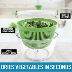 Manual Salad Spinner Fruits And Vegetable Washer With Clear Serving Bowl Colander Basket Smart-Lock Lid Easy Drain System Non-Slip Base Washes Dries & Dresses Lettuce Vegetables & Fruit (Green) -KitchenAid Shop 51z7Xmwh5wL