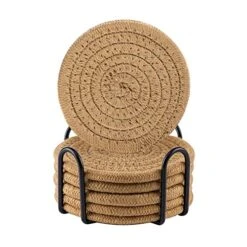 Coasters For Drinks With Holder, 6pcs Vintage Woven Coasters For Coffee Table, Water Absorbent Coaster Set, Handmade Braided Fabric Coasters, Home Decor Gifts (Brown)