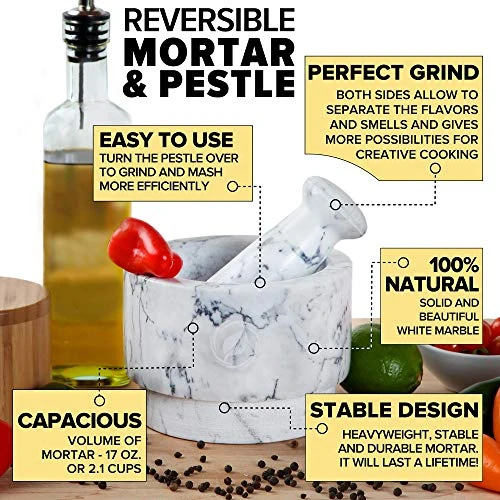 Mortar And Pestle Set (Large) | White Marble | Stone Spice Grinder | 2.1 Cup Capacity | 5.5 Inch | Reversible | Molcajete Mexicano | Guacamole, Pesto, Spices | Large Mortar & Pestles | Gift Set 5 Mortar And Pestle Set (Large) | White Marble | Stone Spice Grinder | 2.1 Cup Capacity | 5.5 Inch | Reversible | Molcajete Mexicano | Guacamole, Pesto, Spices | Large Mortar & Pestles | Gift Set - Image 3