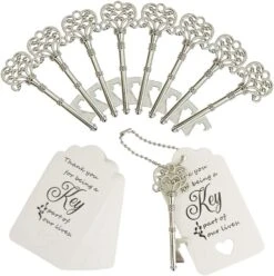 100 PCS Wedding Favors Bottle Opener,Wedding Gifts For Guest Vintage Skeleton Key Bottle Opener,Key Bottle Openers With Escort Tag Cards And Key Chains (Silver)