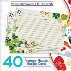 Recipe Card Set - 40 Double Sided Recipe Cards 4 X 6 Inch, Perfect Size Blank Cards For A Recipe Card Box, Make Your Own Personalized Recipe Book - Vintage Flowers