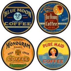 Coffee Labels Absorbent Coasters, Slightly Oversized At 4,25" Width, Multicolor