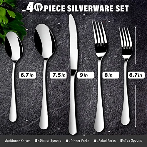 40 Piece Silverware Set, Premium Silverware Cutlery Set Stainless Steel Flatware Sets Service For 8, Spoons Forks Knifes Utensils Tableware Sets For Home, Dishwasher Safe 4 40 Piece Silverware Set, Premium Silverware Cutlery Set Stainless Steel Flatware Sets Service For 8, Spoons Forks Knifes Utensils Tableware Sets For Home, Dishwasher Safe - Image 2