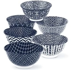 Cereal Bowls, Ceramic Make, Vibrant Color, Multi Color Designs, Bowls For Thanksgiving, Christmas And Kitchen Perfect For Soup, Pasta, Salad, Ice Cream, Set Of 6, 18oz (Navy)