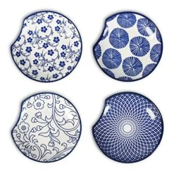 Ceramic Spoon Rest For Stove Top, 4.6 Inch Cooking Spoon Holder For Kitchen Counter, Stackable Utensil Rest Holder For Spatula Ladles Tong, Christmas Gift, Set Of 4, Vintage Blue