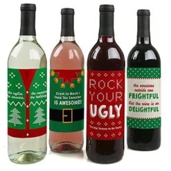 Big Dot Of Happiness Ugly Sweater - Holiday And Christmas Wine Bottle Label Stickers - Set Of 4