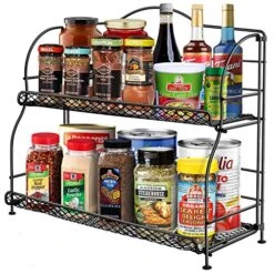 Spice Rack Organizer For Countertop, 2-Tier Spice Organizer For Kitchen Cabinet, Farmhouse Foldable Seasoning Organizer Standing Storage With Guardrail And Mesh Design, Bathroom Organizer