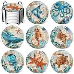 Absorbent Coasters Stone Coaster Set Of 8, Cork Base, With Holder, RayPard Beach Theme Sea Life Coastal Coasters For Housewarming Apartment Kitchen Room Bar Decor ,Ocean Life(Black Holder)