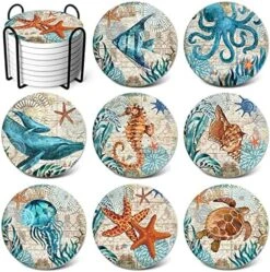 Absorbent Coasters Stone Coaster Set Of 8, Cork Base, With Holder, RayPard Beach Theme Sea Life Coastal Coasters For Housewarming Apartment Kitchen Room Bar Decor ,Ocean Life(Black Holder) -KitchenAid Shop 61sxN6zEexL. AC